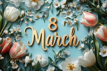 Elegant Women's Day Greeting Card with flowers and "8 March" Text – Beautiful Floral Celebration Background