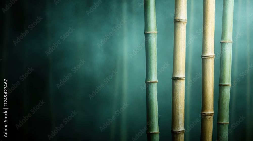 Poster a captivating image of bamboo stalks shrouded in a misty atmosphere, creating a serene and magical e
