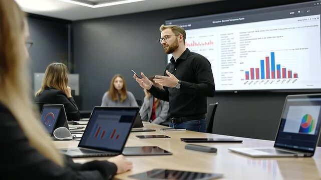 A collaborative team workshop where marketing professionals use cloud-based dashboards to assess conversion rates, audience insights, and campaign ROI in real-time.