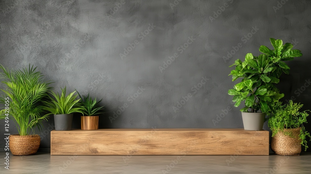 Poster a stylish minimalist setup featuring various indoor plants in elegant pots on a rustic wooden table 