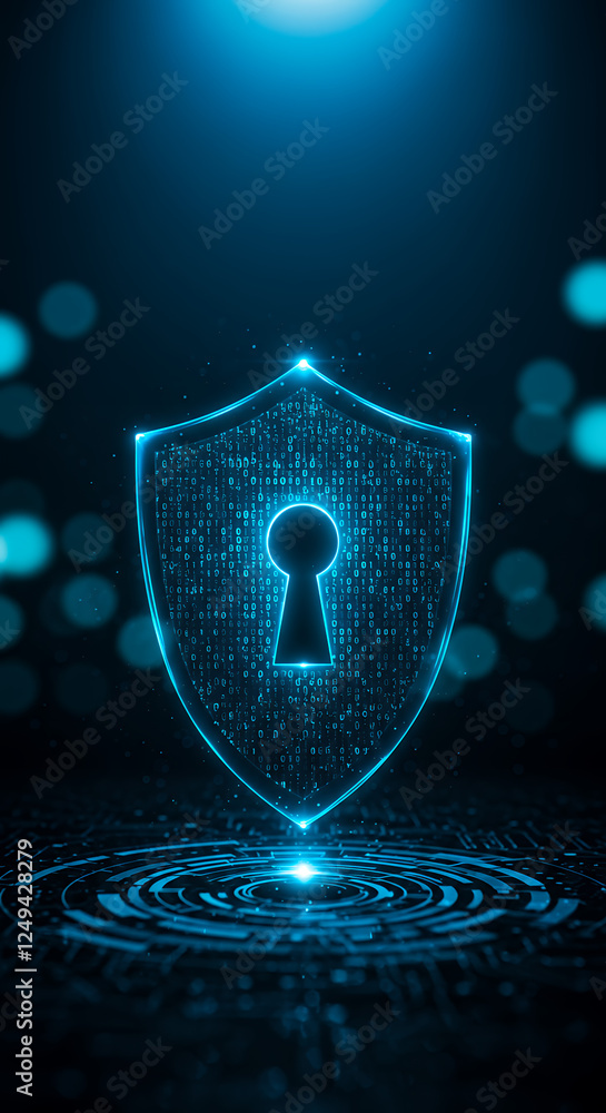 Poster digital fortress: cyber security shield with keyhole in binary code - data protection, network safet
