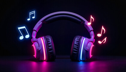 Stylish headphones with floating music notes in neon lighting, music passion, Youth Day