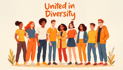 Obraz premium Diverse young people standing together in cheerful colors, unity concept, Youth Day
