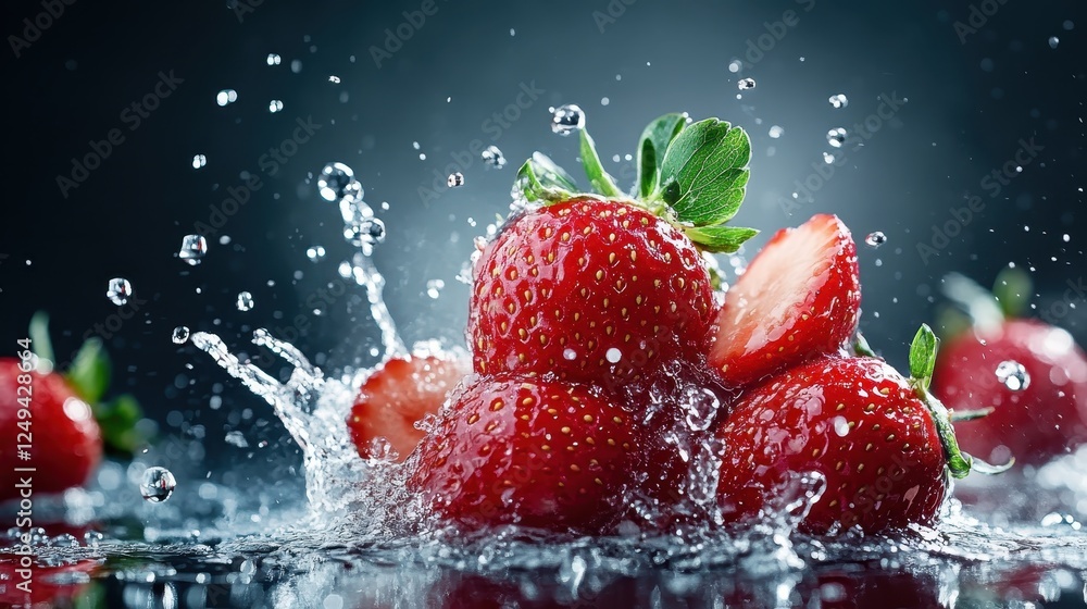 Poster a dynamic image capturing fresh strawberries splashing into water, showcasing their vivid color and 