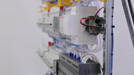 An electrical panel for the organization of electricity supply to the apartment. Close-up. Soft focus.