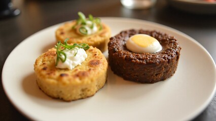 Gourmet Appetizers Three Delicious Mini Cakes with Toppings