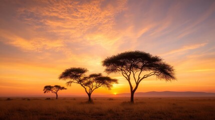 A tranquil scene featuring acacia trees silhouetted against a stunning sunset sky, creating a serene and peaceful atmosphere in the breathtaking landscape.