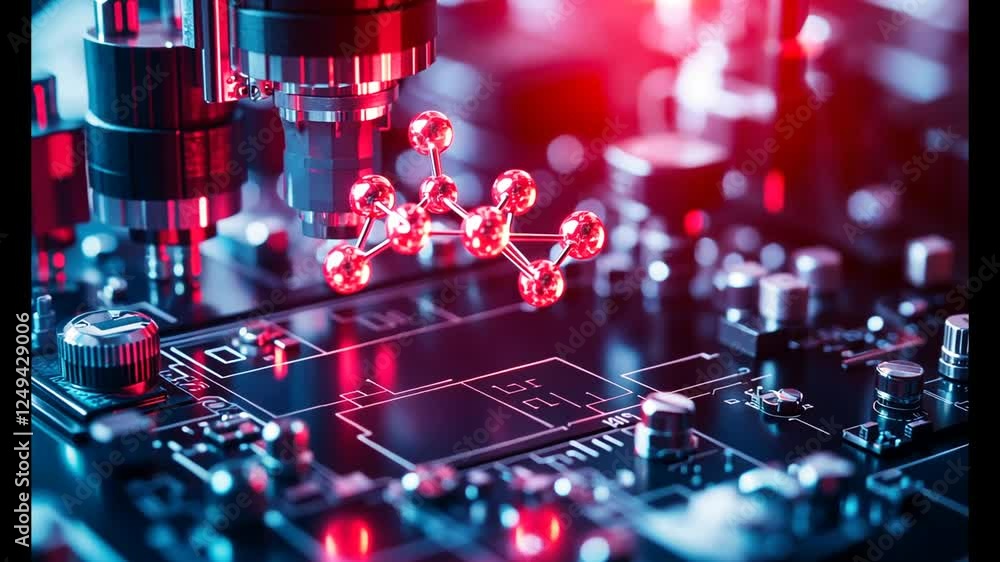 Poster red and blue lit closeup of molecular structure on circuit board