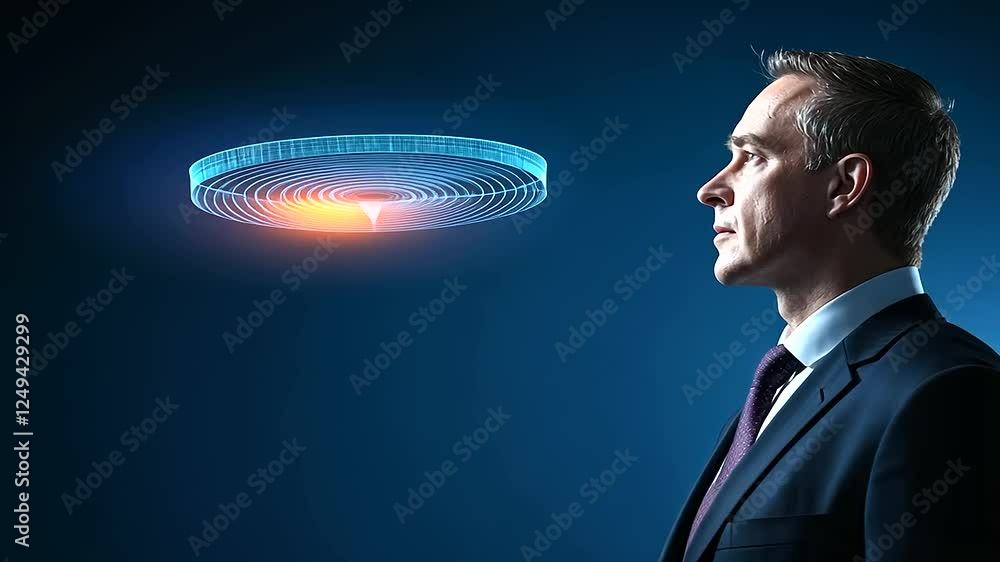 Poster a professional business analyst in a dark suit examines a floating d pie chart and stock market perf