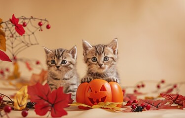 Cute Kitten in Halloween Party Setting With Pumpkins and Decorations in Autumn