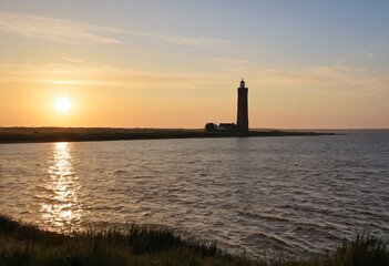 Lighthouse with a sunrise and the sea
