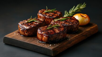 An appealing arrangement of exquisite grilled steaks adorned with onions and herbs evokes culinary mastery and gourmet craftsmanship on a rustic wooden surface.