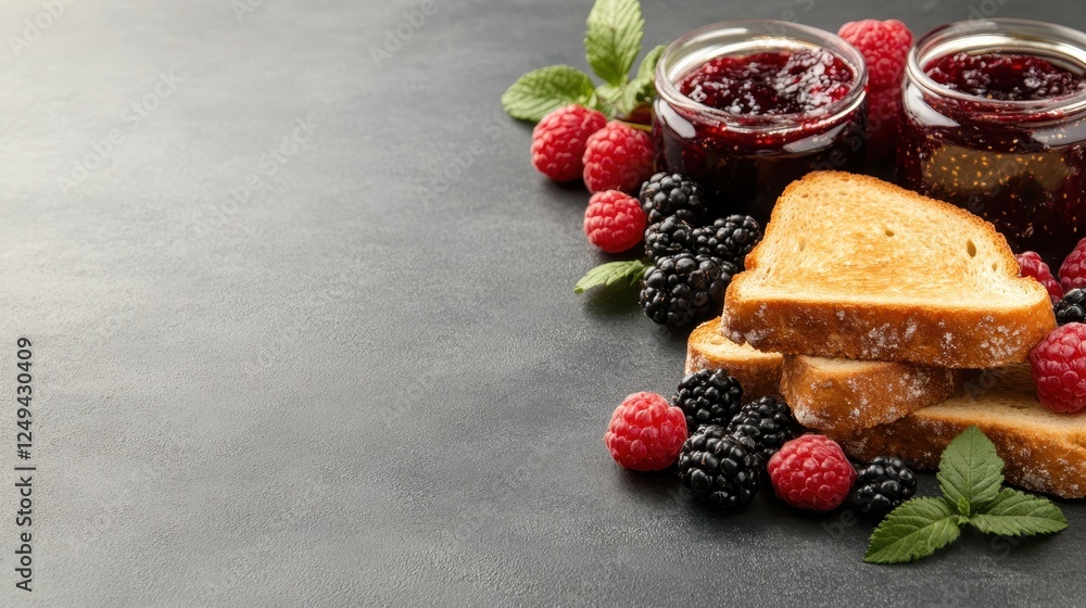 Poster a delectable display of assorted toasts topped with a generous amount of berry preserves and fresh b