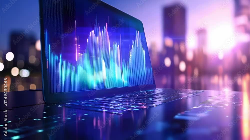 Poster a laptop displaying colorful data visualizations against a blurred cityscape backdrop, suggesting a 