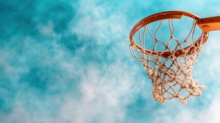 An artistic view of a basketball hoop framed by a backdrop of fluffy clouds and blue sky, evoking feelings of freedom and the limitless potential of outdoor play.