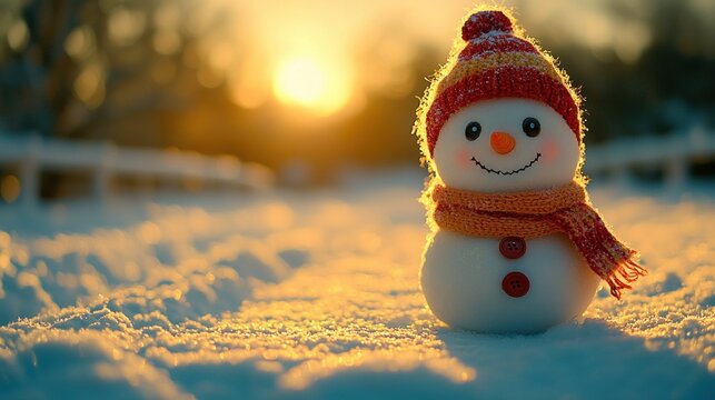 Snowy snowman at sunset, winter scene, warm colors