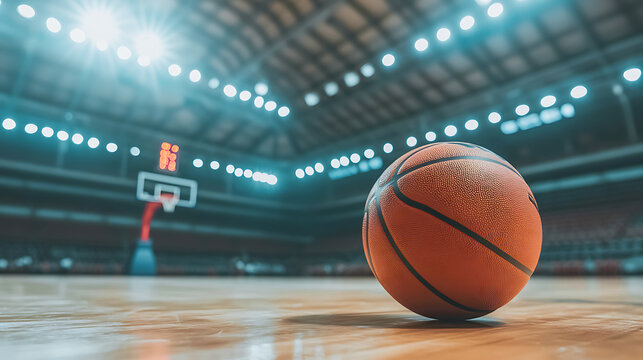 Basketball in an illuminated arena, perfect for sports photography. This image showcases a basketball resting on a hardwood court inside a large, circular arena.