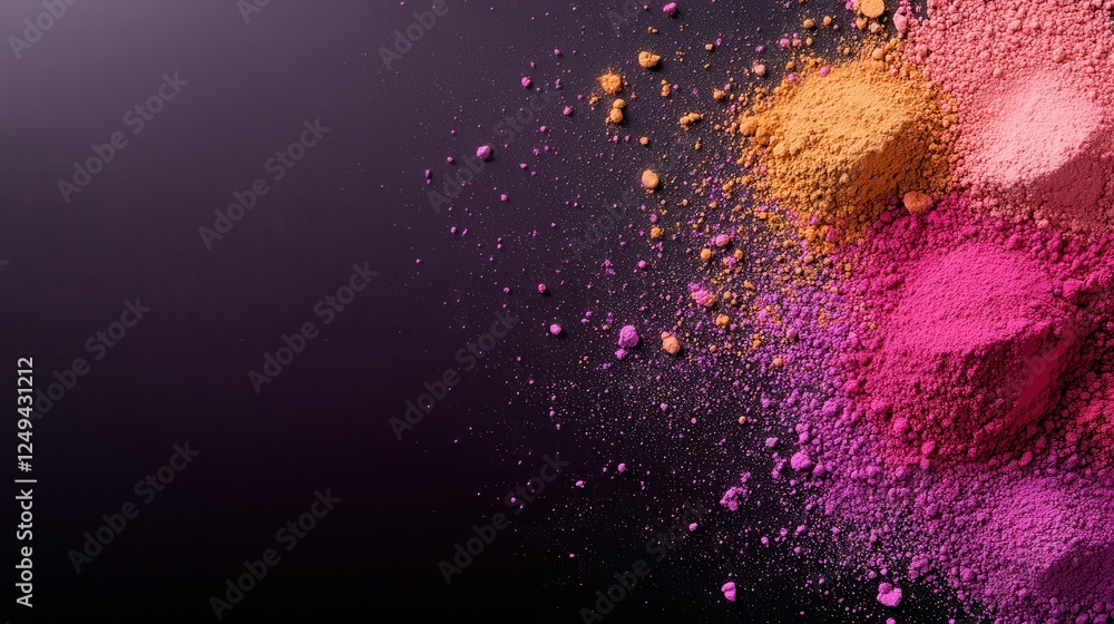Poster an artistic arrangement of colorful powders set against a dark surface, showcasing a blend of textur