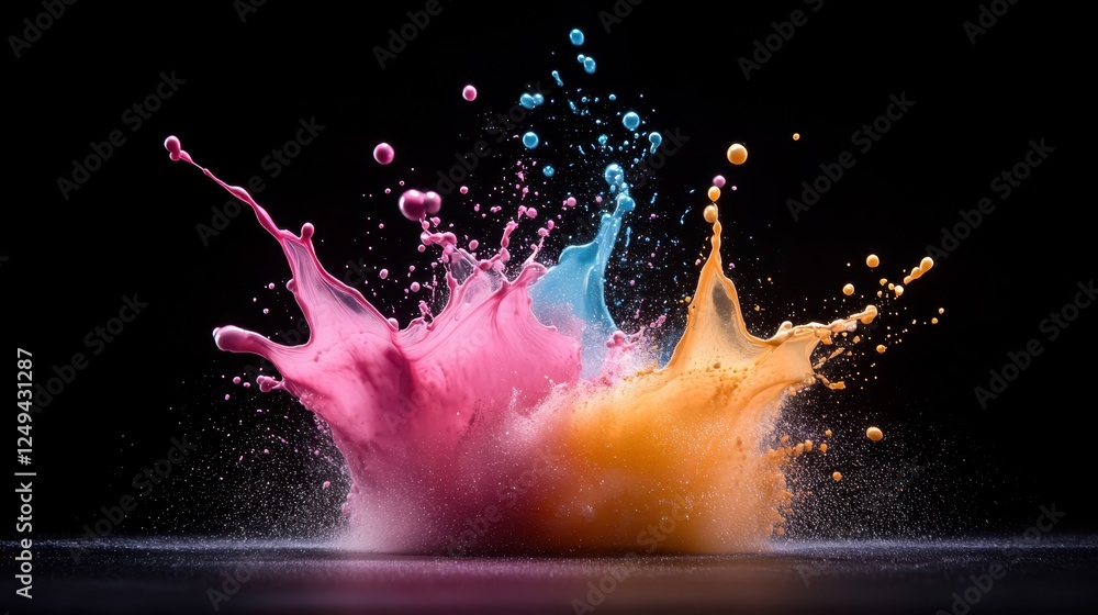 Poster a stunning capture showcasing colorful paint splashes colliding against a dark background, creating 