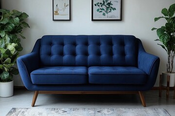 Cozy blue sofa in a modern living room with plants and artwork on the walls