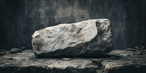 Large rock sits on a stone platform against a dark background