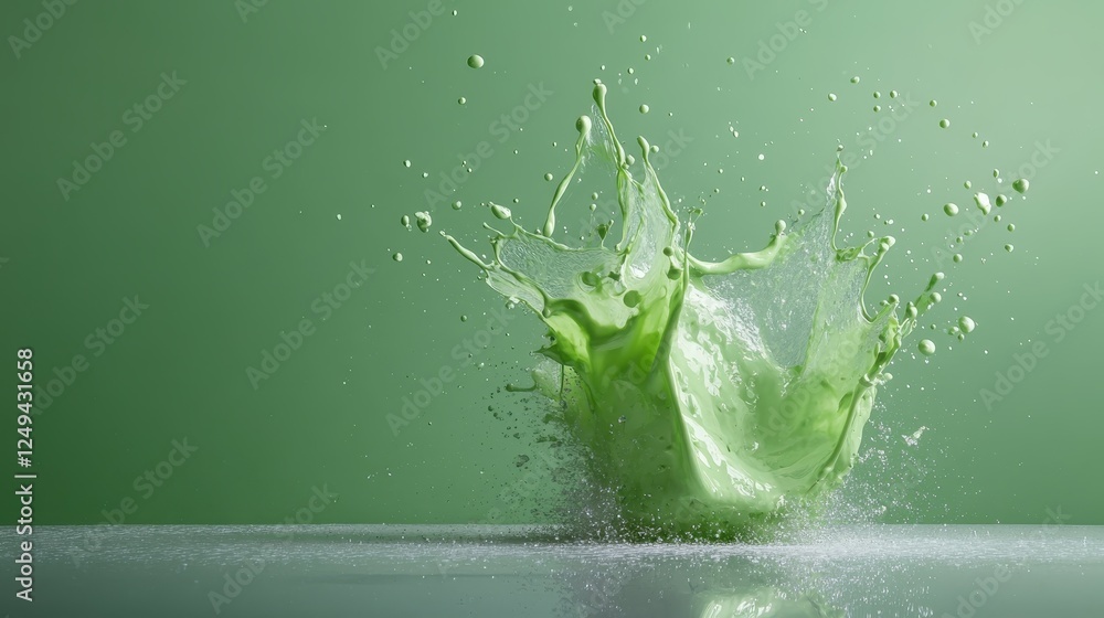 Poster this dynamic image captures a vivid green liquid splash on a smooth glossy surface, highlighting the