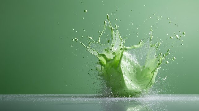 This dynamic image captures a vivid green liquid splash on a smooth glossy surface, highlighting the energy and motion of fluid in an artistic moment frozen in time.