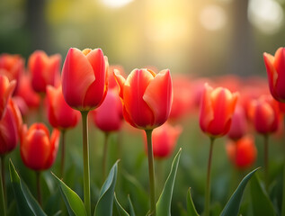 Obraz premium Vibrant Red Tulips Flourishing in a Spring Garden - Ideal Panoramic Background for Floral Photography, Nature Aesthetics, and Garden Inspiration