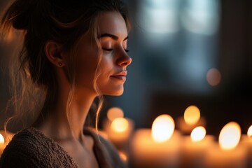 Woman Practicing Deep Breathing with Candles