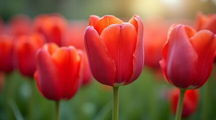 Fototapeta premium Vibrant Red Tulips Flourishing in a Spring Garden - Ideal Panoramic Background for Floral Photography, Nature Aesthetics, and Garden Inspiration