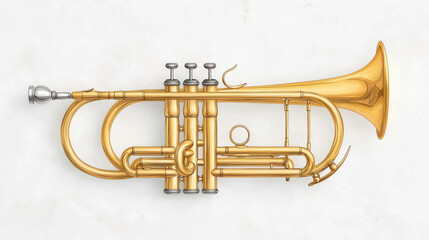 Fototapeta premium Golden brass trumpet with intricate details on white background