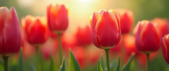 Fototapeta premium Vibrant Red Tulips Flourishing in a Spring Garden - Ideal Panoramic Background for Floral Photography, Nature Aesthetics, and Garden Inspiration