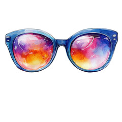 Watercolor sunglasses reflecting vibrant sunset hues on black canvas