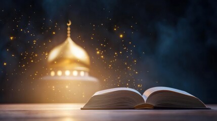 Open Book in Front of Illuminated Mosque Dome