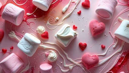 Flatlay of Pink and White Marshmallows Hearts and Sweet Creamy Swirls