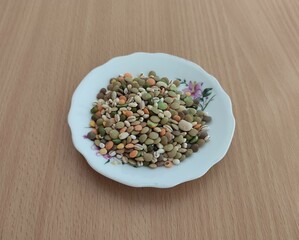 Mix of legumes and barley on the table. Healthy eating.