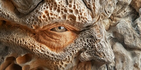 An ancient stone face with a piercing eye stares ahead