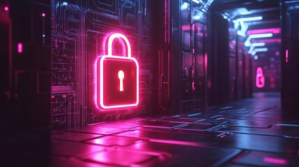 Futuristic electronic circuit padlock neon environment digital security concept sci-fi technology perspective