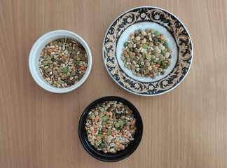 Mix of legumes and barley on the table. Healthy eating.