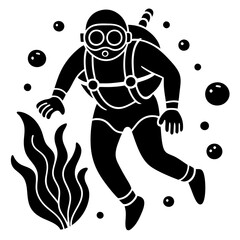A scuba diver exploring underwater silhouette vector illustration 