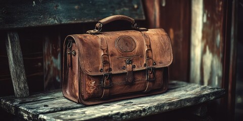 Brown leather messenger bag rests on weathered wooden surface