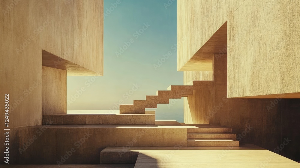 Aufkleber abstract minimalist architecture featuring a floating staircase leading to geometric blocks in neutr