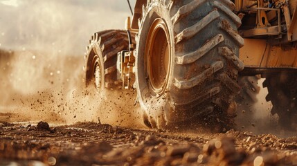 Heavy machinery plows through a moist agricultural field during sunset, kicking up dust and mud while demonstrating powerful tires gripping the soil effectively.