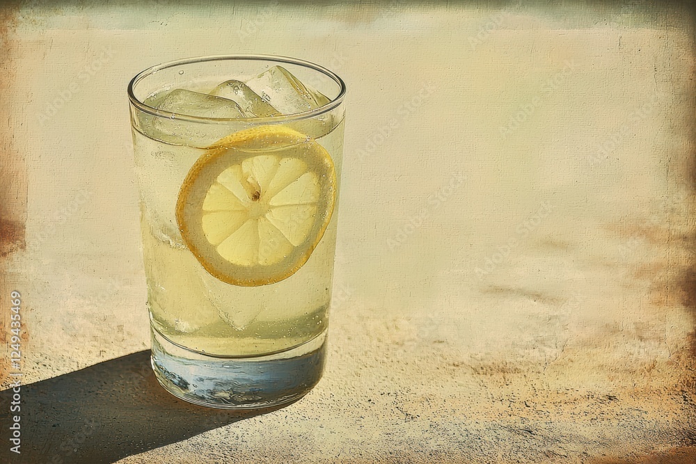 Poster refreshing glass of lemonade with ice and lemon slice on rustic background in vintage postcard style