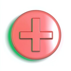 Obraz premium A glossy red circular button featuring a prominent white plus sign in the center, suggesting positivity or addition.