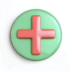 Obraz premium A round button featuring a green background with a prominent red plus sign in the center, symbolizing addition or positivity.