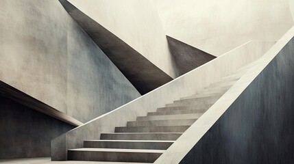 Fototapeta premium Architectural composition of geometric forms in shades of gray and beige, with a stairway leading upwards. -