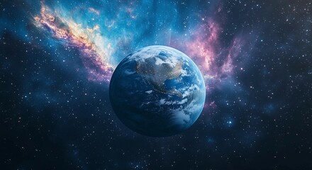 Obraz premium Our Pale Blue Dot: A cosmic perspective on Earth as seen from space, showcasing the intricate beauty of our planet against a backdrop of swirling nebulae and a vast, star-studded universe.