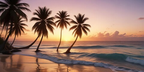 Palm trees swaying in the ocean breeze at sunset, atardecer, beach scene, sea breeze