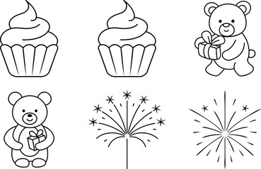 Cute Cupcakes, Teddy Bears, and Festive Fireworks Line Art